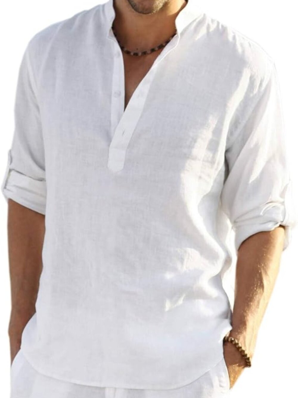 Men's Cotton Linen Henley T-Shirt Long Sleeve Hippie Casual Beach T-Shirts